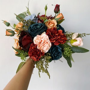 Jewel Toned Bouquet, Teal, Orange, Rust, Red Bouquet, Dark Color Fall Wedding Bouquet, Vintage Color Bouquet, Bridesmaid and Bridal Bouquets