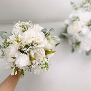 White Rose & Peony Wedding Bouquet w Baby's Breath, White Flower n Lamb's Ear Bouquet, White Bridal n Bridesmaid Silk Flower Bouquet Wedding