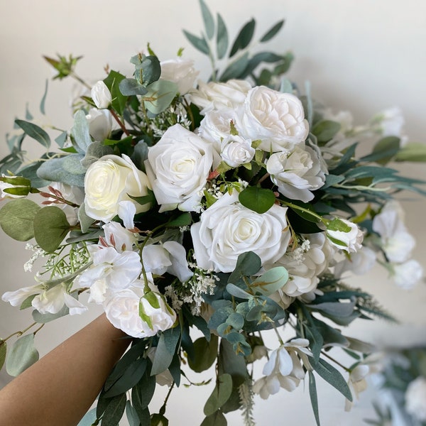 Rose Gardenia Pea Eucalyptus Bouquet, Spring Bridal n Bridesmaid Bouquet, White & Sage Green Wedding Bouquet, Silk Flower White Rose Bouquet