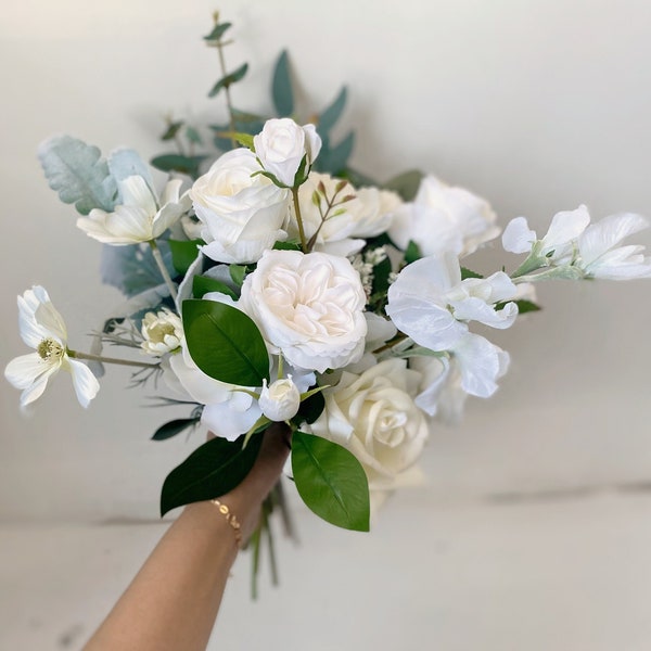 Rose Gardenia Pea Eucalyptus Bouquet, Spring Bridal n Bridesmaid Bouquet, White & Sage Green Wedding Bouquet, Silk Flower White Rose Bouquet