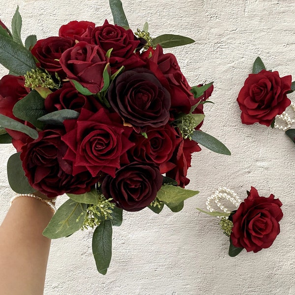 Bouquet rouge bordeaux, fleurs de mariage bordeaux, bouquet de fleurs en soie bordeaux, bouquet de demoiselle d'honneur de mariée bordeaux, faux bouquet de mariage rouge