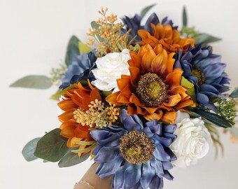 Burnt Orange White Navy Blue Fall Bouquet, Burnt Orange Navy Blue Wedding Bridal Flowers, Silk Flower Fall Bouquet, Sunflower Rose Wedding
