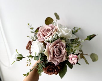 Dusty pink and ivory white wedding flowers, Dusty pink wedding bridal bouquet, Mauve and tan wedding flowers, Mauve wedding silk flowers