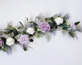 White Rose & lavender Garland, Lavender Rose Wedding Flowers, Lavender and White Wedding Silk Flowers, Lavender Wedding Table Decorations