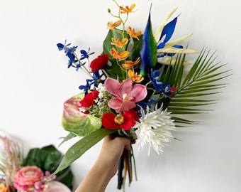 Tropical beach wedding flowers, Tropical island flowers, Blue and white Tropical bridal bouquet and bridesmaid bouquet, Tropical silk flower