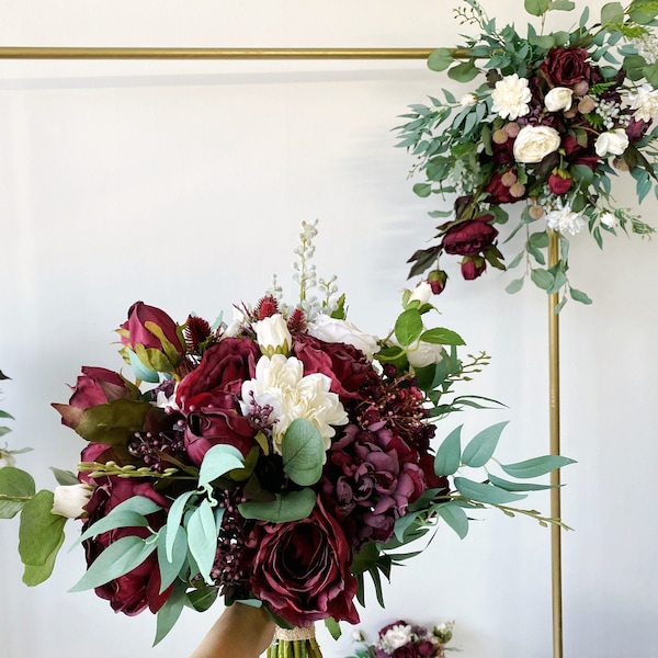 Burgundy & White Wedding Arch Flower, Burgundy Wedding Flower Package, Boho Wedding Altar Flowers Decor, Silk Flower Set Wedding Pakcage