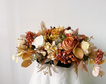 Burnt Orange & Ivory Fall Centerpiece, Fall Rose and Hydrangea Table Flower, Fall Wedding Table Decor, Rustic Fall Silk Flower Centerpiece