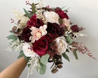 Burgundy & Ivory White Rose and Eucalyptus Wedding Bouquet, Burgundy Wedding Flower, Burgundy Silk Flower Wedding, Bridal Bridesmaid Bouquet