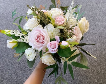 Ivory White & Light Pink Wedding Bouquet, Spring/Summer Bridesmaid bouquets, Silk Flower Bridesmaid Bouquet, Small Spring Bridal Bouquet