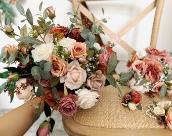 Terra cotta and white wedding flowers, Fall wedding bouquet, Rose and eucalyptus fall wedding, Fall wedding silk flower bouquet