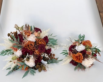 Rust Burgundy Iovry White Rose & Pampas Wedding Bouquet, Burnt Orange Terra Cotta Wedding, Fall Rustic Silk Flower Bridal Bridesmaid Bouquet