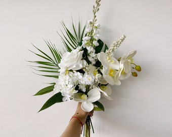 White Delphinium, Butterfly Orchid, Rose, Monstera and Palm Leaf Bouquet, Bridal/Bridesmaid Bouquet, Tropical/Summer Wedding Small Bouquets