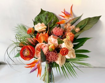 Tropical Peach & Coral Wedding Flowers, Tropical Orange Flower Bouquet, Tropical Bridal Bridesmaid Bouquets, Monstera and Palm Leaf Bouquets