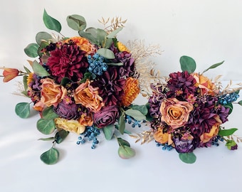 Burnt Orange, Burgundy & Plum Wedding Bouquet, Fall Wedding Bouquet, Autumn Bridal Bouquet, Bridesmaid Bouquet, Fall Silk Flower Bouquet