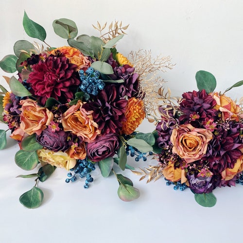 Artificial Autumn Wedding Bouquet Burnt Orange Faux Flower Etsy UK