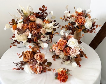 Burnt Orange & Ivory White Fall Bouquet, Burnt Orange Bridal and Bridesmaid Bouquet, Fall Silk Flower Bouquet, Fall Rustic Wedding Bouquet