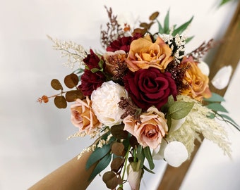 Burgundy Burnt Orange Sage Green Pampas Wedding Bouquet, Burgundy Wedding Bouquet, Pampas Bouquet,Boho Rustic Wedding,Rustic Wedding Bouquet
