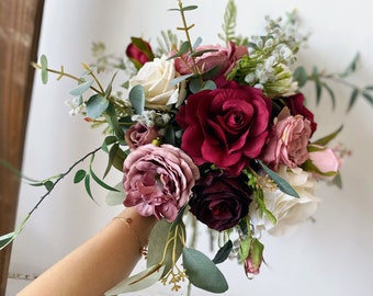 Burgundy, Dusty Pink, Ivory White Rose & Eucalyptus Wedding Bouquet, Silk Flower Bridal/Bridesmaid Bouquet, Burgundy and Dusty Pink Wedding