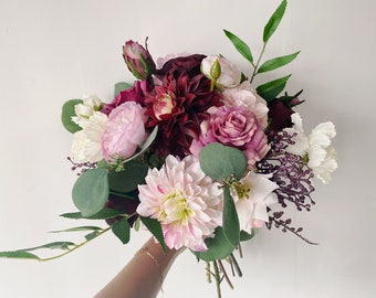 Burgundy & Pink Wedding Bouquet, Spring/Summer Wedding Bouquet, Rose and Dahlia Bouquet, Silk Flower Bridesmaid Bouquet, Bridal Bouquet