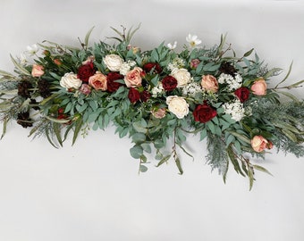 Large Dark Red, Peach, Ivory Rose & Eucalyptus Swag for Wedding Altar Arch/Arbor, Silk Flower Swag, Large Flower Wall Hanging Decorations