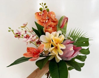 プルメリアと蘭のブーケ、トロピカルブライダルブーケ、トロピカルフラワーブーケ、ハワイアンウェディングフラワー、エキゾチックブーケ、トロピカルシルクフラワー