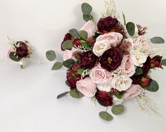 Burgundy, Dusty Rose and Ivory White Wedding Bouquet, Dusty Rose Bridal Bridesmaid Bouquet, Burgundy Dusty Pink Wedding Silk Flower Bouquets