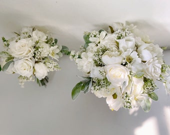 White Rose & Peony Wedding Bouquet w Baby's Breath, White Flower n Lamb's Ear Bouquet, White Bridal n Bridesmaid Silk Flower Bouquet Wedding
