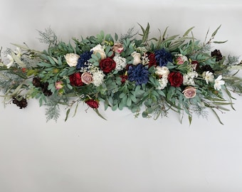 Large Dark Red, Navy, Ivory Rose & Eucalyptus Swag for Wedding Altar Arch/Arbor, Large Silk Flower Swag, Large Flower Wall Hanging Decor