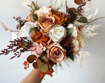 Burnt Orange & Ivory White Fall Bouquet, Small Fall Wedding Bouquet for Bride or Bridesmaids, Fall Silk Flower Bouquet, Fall Rustic Bouquet