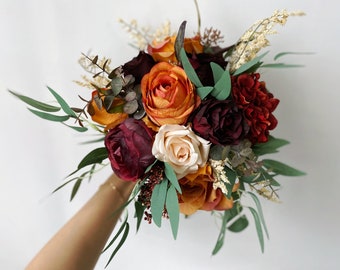 Burnt Orange and Burgundy Wedding Bouquet, Burnt Orange Wedding Flowers, Burnt Orange n Sage Wedding, Silk Flower Bridal Bridesmaid Bouquet