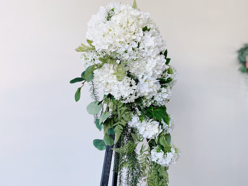 Romantic White hydrangea Wedding Cascading Bouquet, White Draping Bouquet, Wedding Cascade Bouquet, Hydrangea Silk Flower Bridal Bouquet image 6