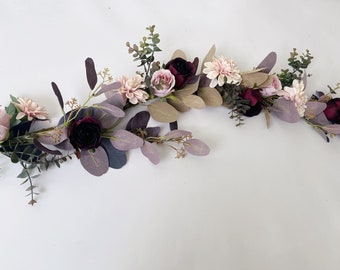 Deep Plum, Blush, Dusty Pink Rose & Eucalyptus Silk Flower Garland, Wedding Garland Table Runner, Artificial Flower Garland, Mantel Decor