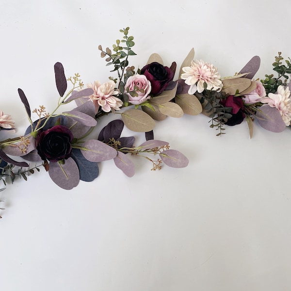 Deep Plum, Blush, Dusty Pink Rose & Eucalyptus Silk Flower Garland, Wedding Garland Table Runner, Artificial Flower Garland, Mantel Decor