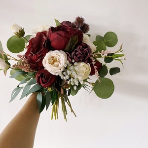 Burgundy & Ivory White Wedding Bouquet, Fall Wedding/Winter Bridal/Bridesmaid Bouquet, Small Silk Flower Bouquet, Boho Wedding Bouquet image 5