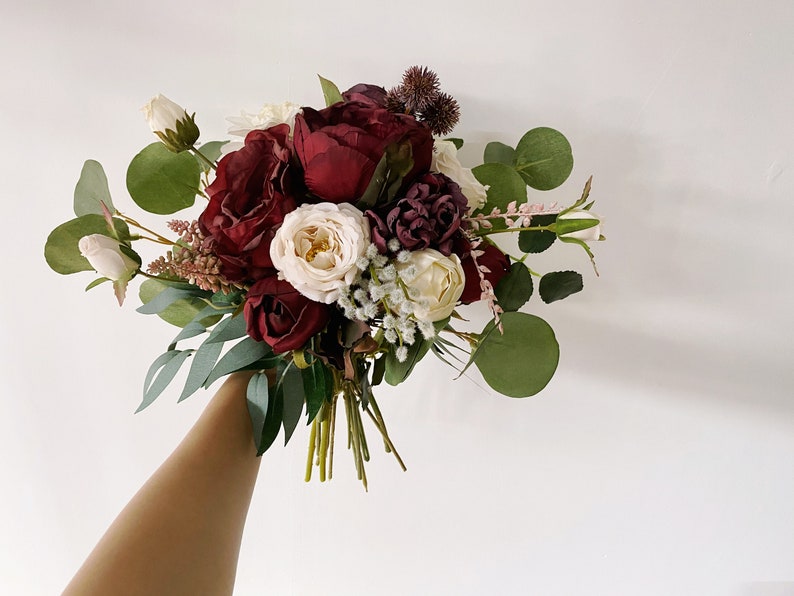 Burgundy & Ivory White Wedding Bouquet, Fall Wedding/Winter Bridal/Bridesmaid Bouquet, Small Silk Flower Bouquet, Boho Wedding Bouquet image 5