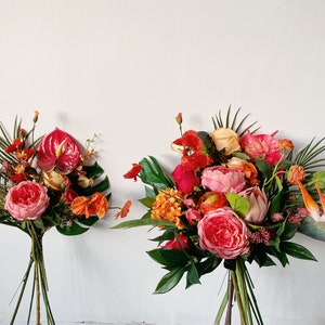 Tropical Wedding Bouquets with Bright Colors, Summer Wedding Bridal Bridesmaid Bouquets, Tropical Theme Wedding Flowers, Protea Bouquets