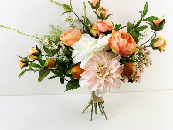 Peach, Blush and White Rose and Dahlia Bouquet for  Wedding/bride/quinceanera/vase, Silk Flower Bouquet Wedding,summer Wedding  Bridal Bouquet - Etsy