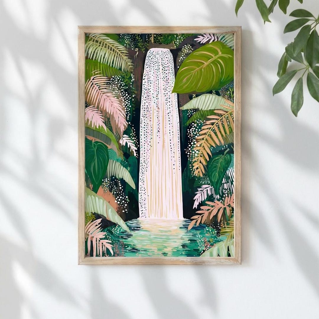 Jungle Waterfall Art Print, Tropical Botanical Wall Decor, Serene ...