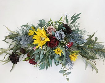 Sunflower & Rose Flower Swag, Artificial Sunflower Wall Decor, Faux Sunflower Hangings, Burgundy/Yellow/Dusty Blue Wedding Swag, Arch Decor