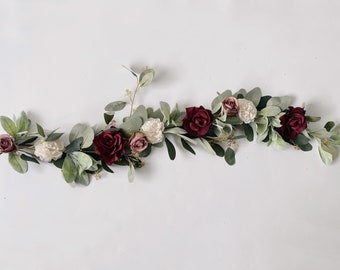 Burgundy, Ivory White, Dusty Pink Rose, Eucalyptus, Lamb's Ear Garland, Silk Flower Garland, Burgundy Garland, Rose Garland, Wedding Garland