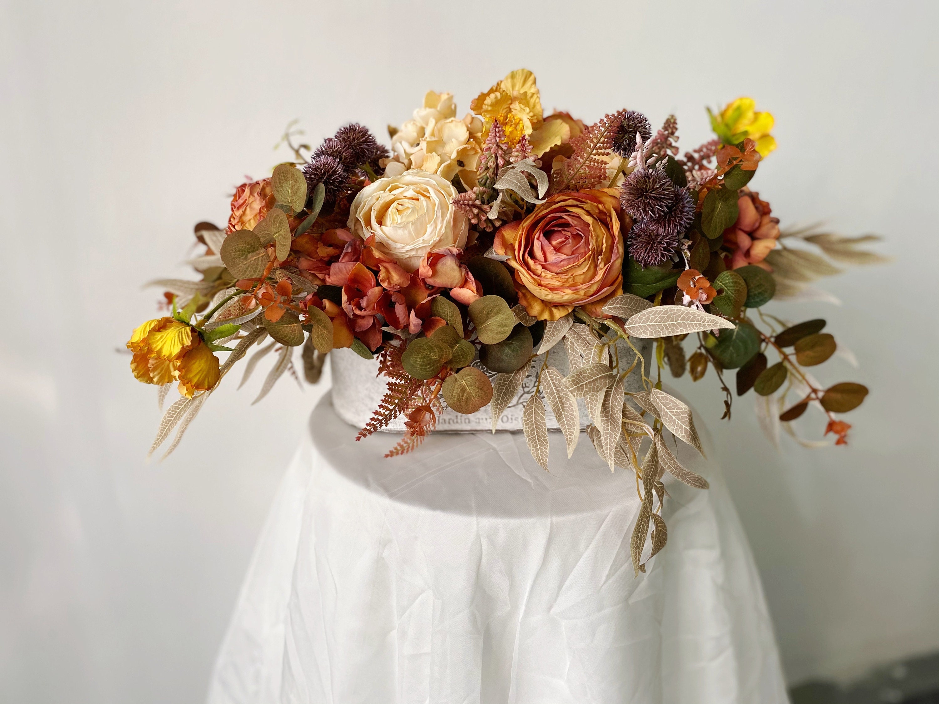 Burnt Orange & Ivory Fall Centerpiece, Fall Rose and Hydrangea Table ...