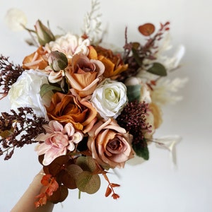 Burnt Orange & Ivory White Fall Bouquet, Small Fall Wedding Bouquet for Bride or Bridesmaids, Fall Silk Flower Bouquet, Fall Rustic Bouquet