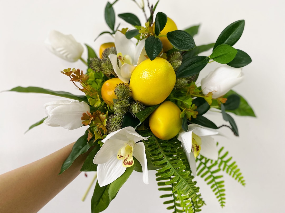 Lemon Tulip Orchid Bouquet, Summer Lemon Wedding Flowers, Fake