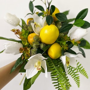 Lemon Tulip Orchid Bouquet, Summer Lemon Wedding Flowers, Fake Lemon Bouquet, Lemon Bridal Bridesmaid Bouquet Flower, Tropical Bouuqets
