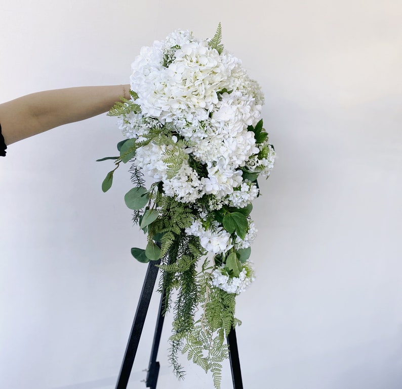 Romantic White hydrangea Wedding Cascading Bouquet, White Draping Bouquet, Wedding Cascade Bouquet, Hydrangea Silk Flower Bridal Bouquet image 5
