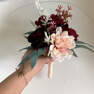 Burgundy & Ivory White Rose and Eucalyptus Wedding Bouquet, Burgundy Wedding Flower, Burgundy Silk Flower Wedding, Bridal Bridesmaid Bouquet toss bouquet