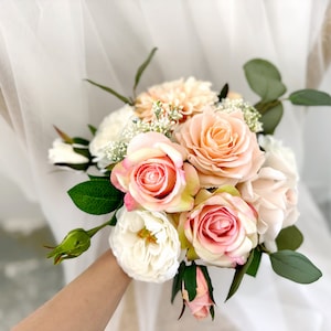 Peach rose wedding bouquet, Peach & white wedding flowers, Peach wedding silk flower, Peach bridesmaid bouquet, Spring peach wedding bouquet