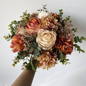 Burnt Orange, Ivory White, Rust Bouquet, Rose, Dahlia, Eucalyptus Bouquet,Fall Wedding Bridal Bouquet,Silk Flower/Artificial Wedding Bouquet