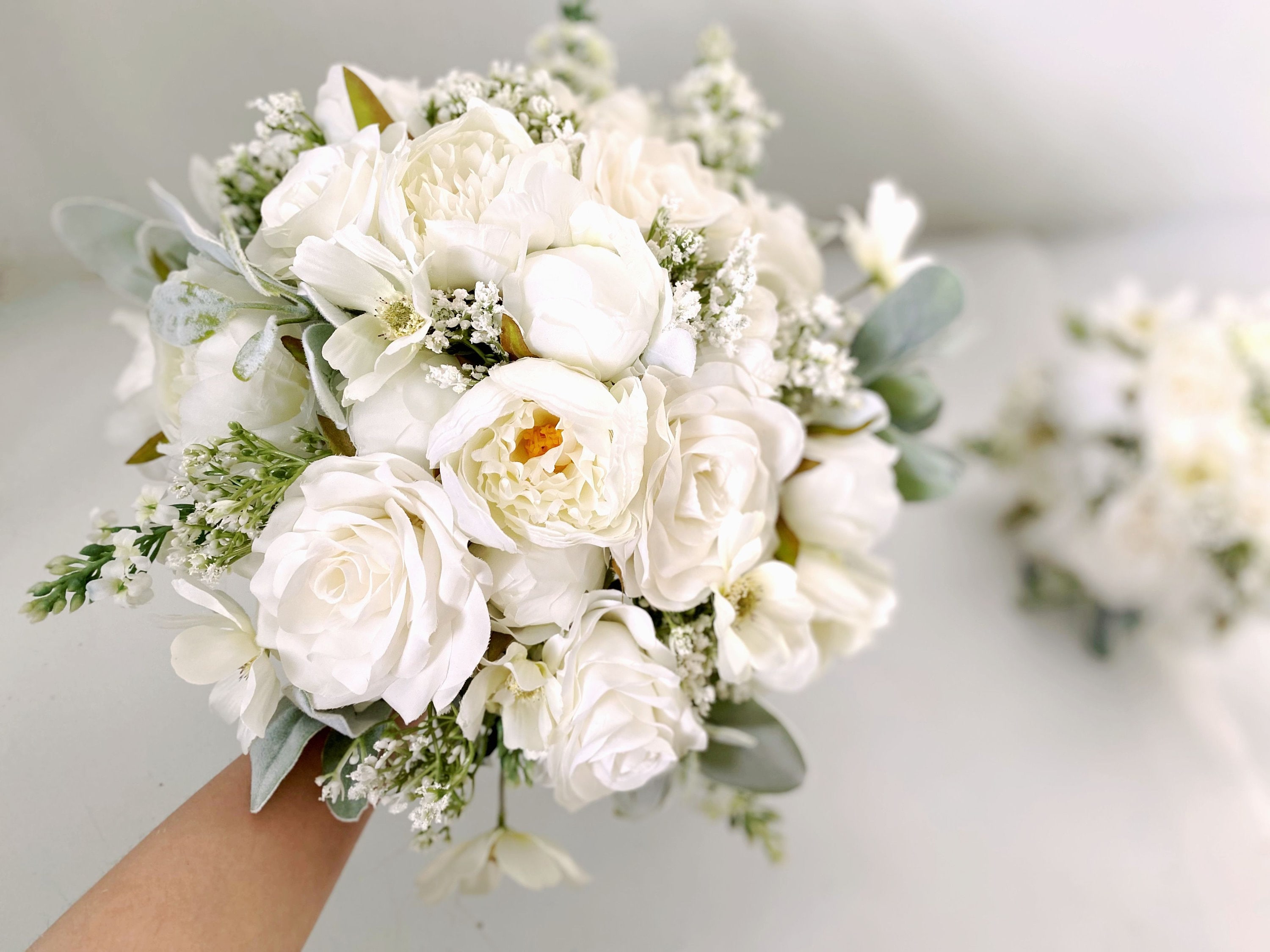 DEEMEI Artificial Babys Breath Flowers Silk White Peony Roses Eucalyptus  Leaves Wedding Bridal Bouquets for Table Centerpieces (2 Bundles)