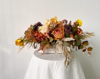 Burnt Orange & Ivory Fall Centerpiece, Fall Rose and Hydrangea Table Flower, Fall Wedding Table Decor, Rustic Fall Silk Flower Centerpiece